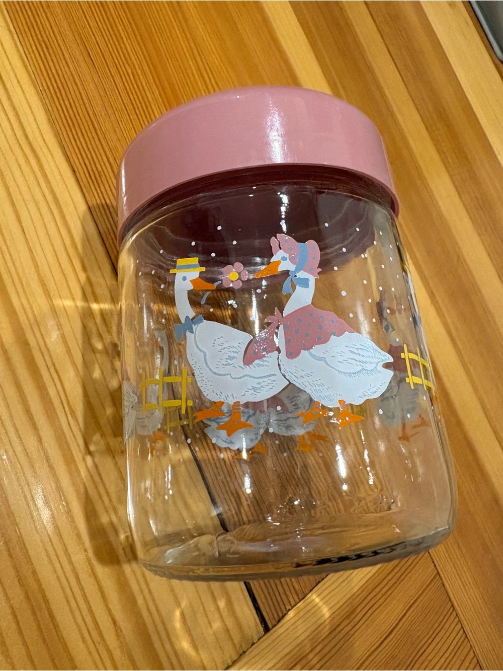 Vintage Goose Jar with pink lid, Cottage country decor, vintage glass